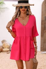 Fashion Solid Color V Neck Casual Dress - Image 2