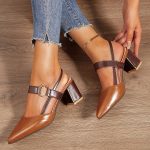 Women's Pointed Toe Block High Heel Sandals, Fashion Solid Color Slingback Shoes, Versatile Mid Heels - Image 3