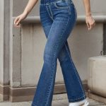 Elastic Waist Bell Bottom Jeans, Slash Pocket Fashion Casual Denim Pants, Women's Denim Jeans & Clothing