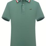 Breathable Embroidered Shirt, Men's Casual Crocodile Pattern Stripe Lapel Button Up Golf Shirt For Summer - Image 5