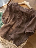 Floral Embroidery V Neck T-shirt, Vintage Half Sleeve Loose T-shirt For Spring & Summer, Women's Clothing - Image 7