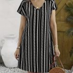 Allover Print V-neck Dress, Vacation Short Sleeve Dress For Summer & Spring, Women's Clothing