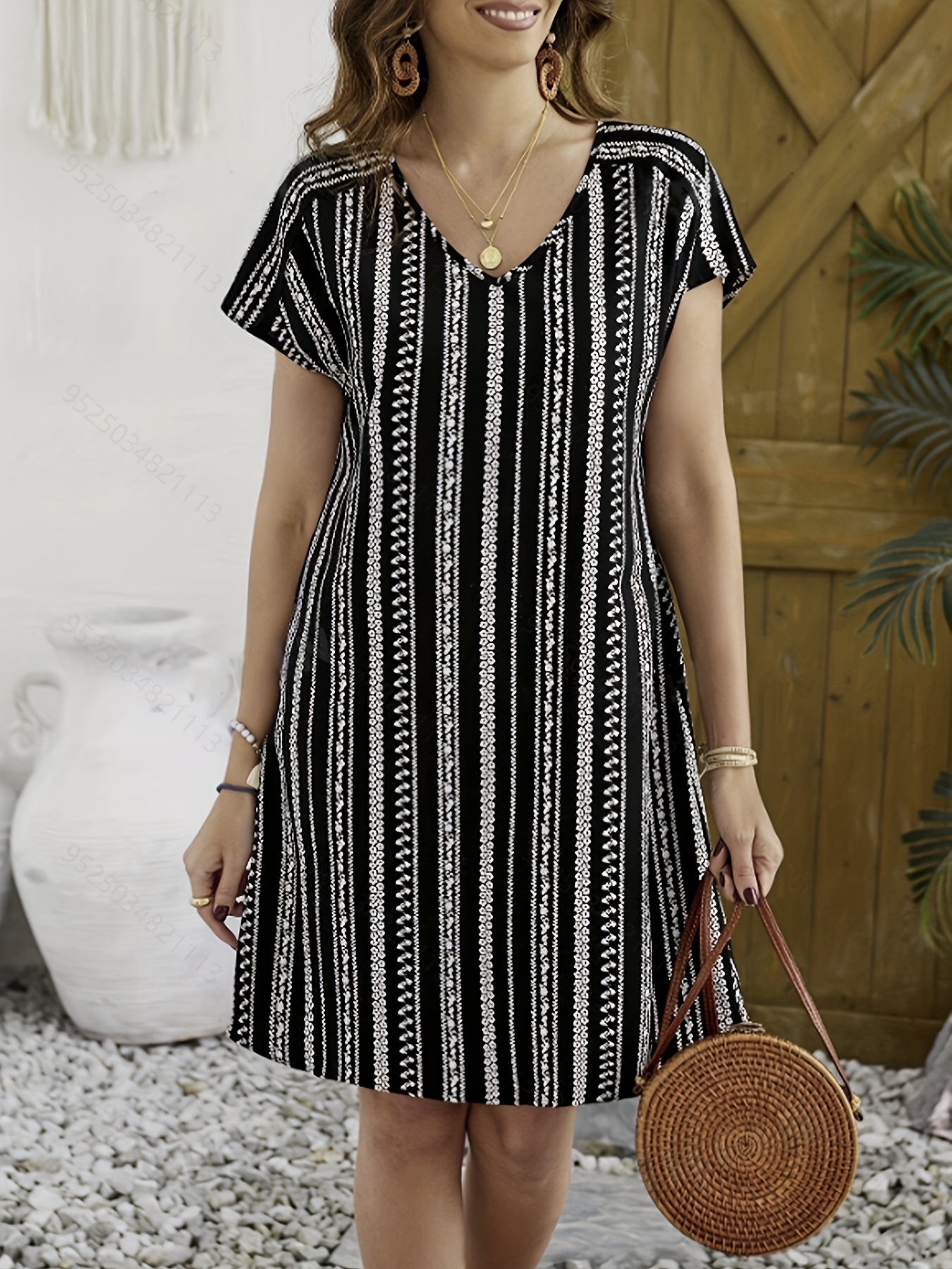 39a63b49-409e-4037-839d-3ab52ec46b59.jpg Allover Print V-neck Dress, Vacation Short Sleeve Dress For Summer & Spring, Women's Clothing - Image 1