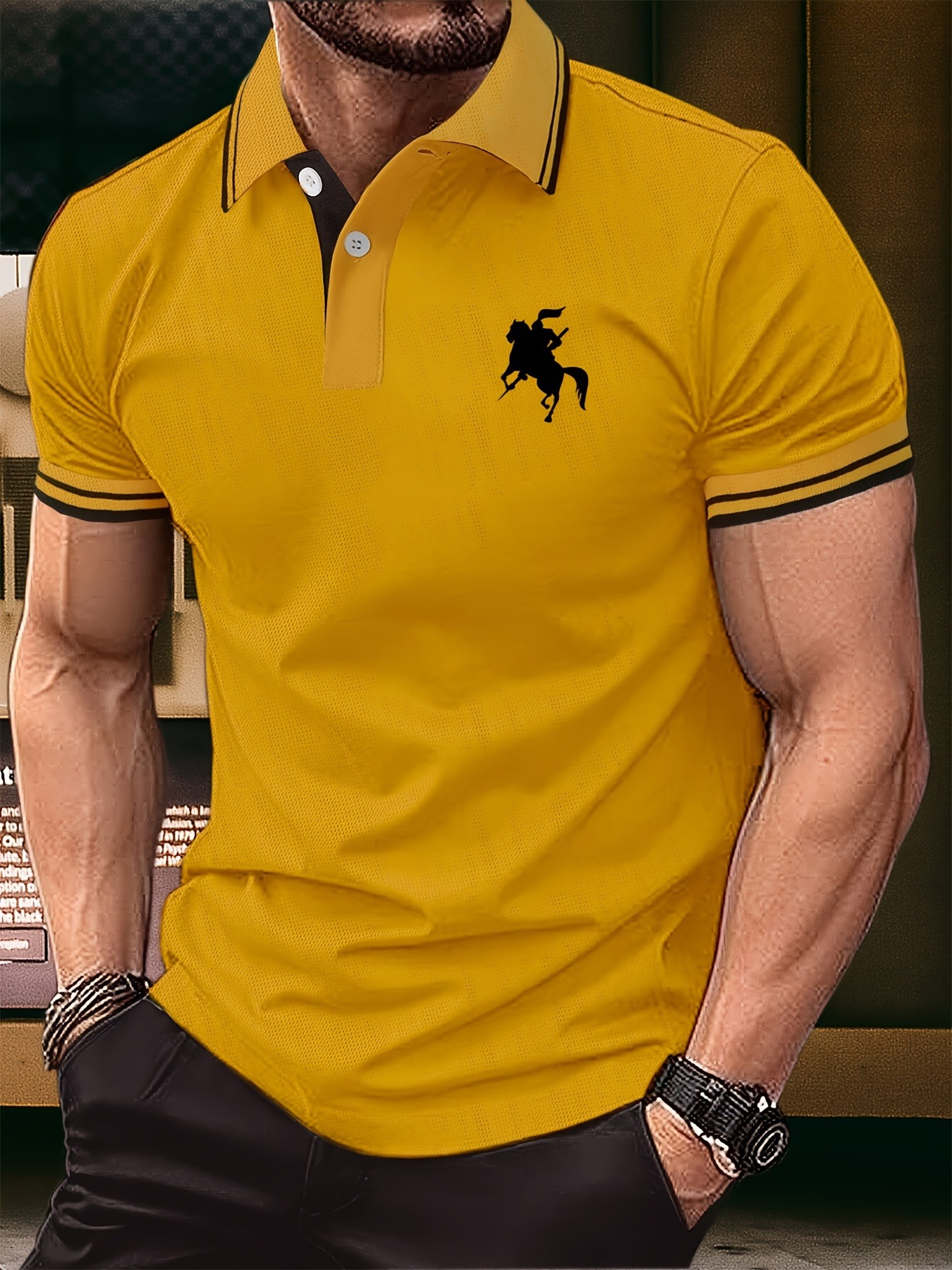 39faaf25-fd25-42ad-874b-3451aa2252f0.jpg Men's Summer Fashion, Horse Riding Knight Pattern Short Sleeve Lapel Collar Henley Shirt, Chic And Trendy Golf Tops For Business And Outdoors Sports Wear - Image 1