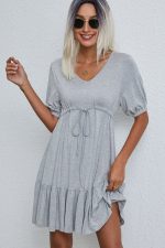 V Neck Drawstring Waist Solid Casual Mini Dress - Image 2