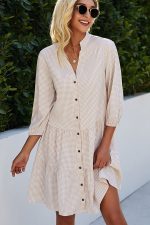 Split Neck Plaid Print Button Up Tunic Dress - Image 4