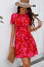 Floral Print Round Neck Tie Waist Casual Dress - Image 2