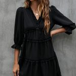Solid Black and Ruffled V Neck Mini Dress