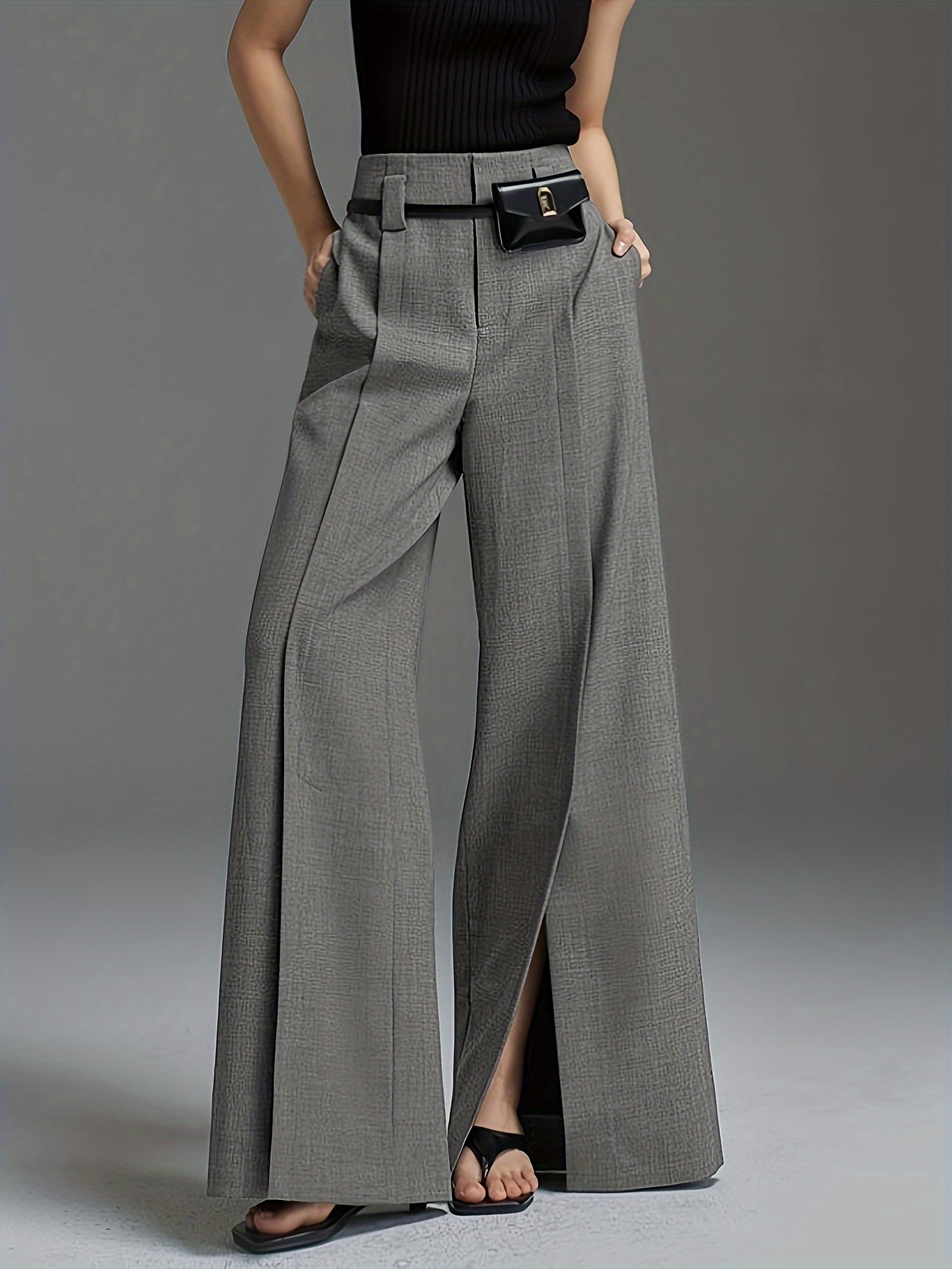 3a85ea54372a261b7cca2f4317008350-1.jpg Solid Color Wide Leg Pants, Casual Split Hem Loose Suit Pants For Spring & Summer, Women's Clothing - Image 1