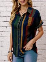 Striped Print Button Front Blouse, Vintage Short Sleeve Blouse For Spring & Summer, Women's Clothing - Image 3