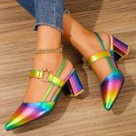 Women's Pointed Toe Block High Heel Sandals, Fashion Solid Color Slingback Shoes, Versatile Mid Heels - Image 12