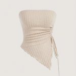 Solid Ribbed Asymmetric Hem Tube Top, Elegant Drawstring Ruched Side Strapless Sleeveless Top, Women's Clothing - Image 4
