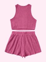 Ribbed Casual Two-piece Set, Crew Neck Sleeveless Tank Top & Drawstring Shorts Outfits, Women's Clothing - Image 4