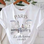 Paris Print T-shirt, Short Sleeve Crew Neck Casual Top For Summer & Spring, Women's Clothing - Image 2