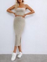Ribbed Knit Two-piece Skirt Set, Crop Cami Top & Split Hem Skirt Outfits, Women's Clothing - Image 8