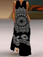 Mandala Floral Print Maxi Dress, Elegant Notched Neck Sleeveless Dress, Women's Clothing - Image 3