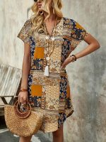 Patchwork Print Curvy Hem Dress, Vacation Short Sleeve Notched Neck Dress, Women's Clothing - Image 3