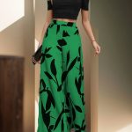 Elegant Two-piece Pantsuits Set, Solid Color Crew Neck T-shirt & Leaf Print Wide Leg Pants Outfits, Women's Clothing - Image 3