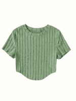 Solid Ribbed Crop T-Shirt, Casual Crew Neck Short Sleeve Top, Women's Clothing - Image 8