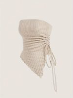 Solid Ribbed Asymmetric Hem Tube Top, Elegant Drawstring Ruched Side Strapless Sleeveless Top, Women's Clothing - Image 6