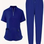 Solid Color Two-piece Scrub Set, Zip Front Short Sleeve Pockets Scrub Top & Drawstring Pants Outfits For Medical & Health Care, Women's Clothing - Image 6