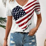 American Flag Print V Neck T-shirt, Short Sleeve Casual Top For Spring & Summer, Women's Clothing - Image 2
