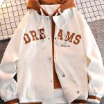 Men's Casual Letter Print Hooded Varsity Jacket, Chic Vintage Style Thin Bomber Jacket For Spring Fall