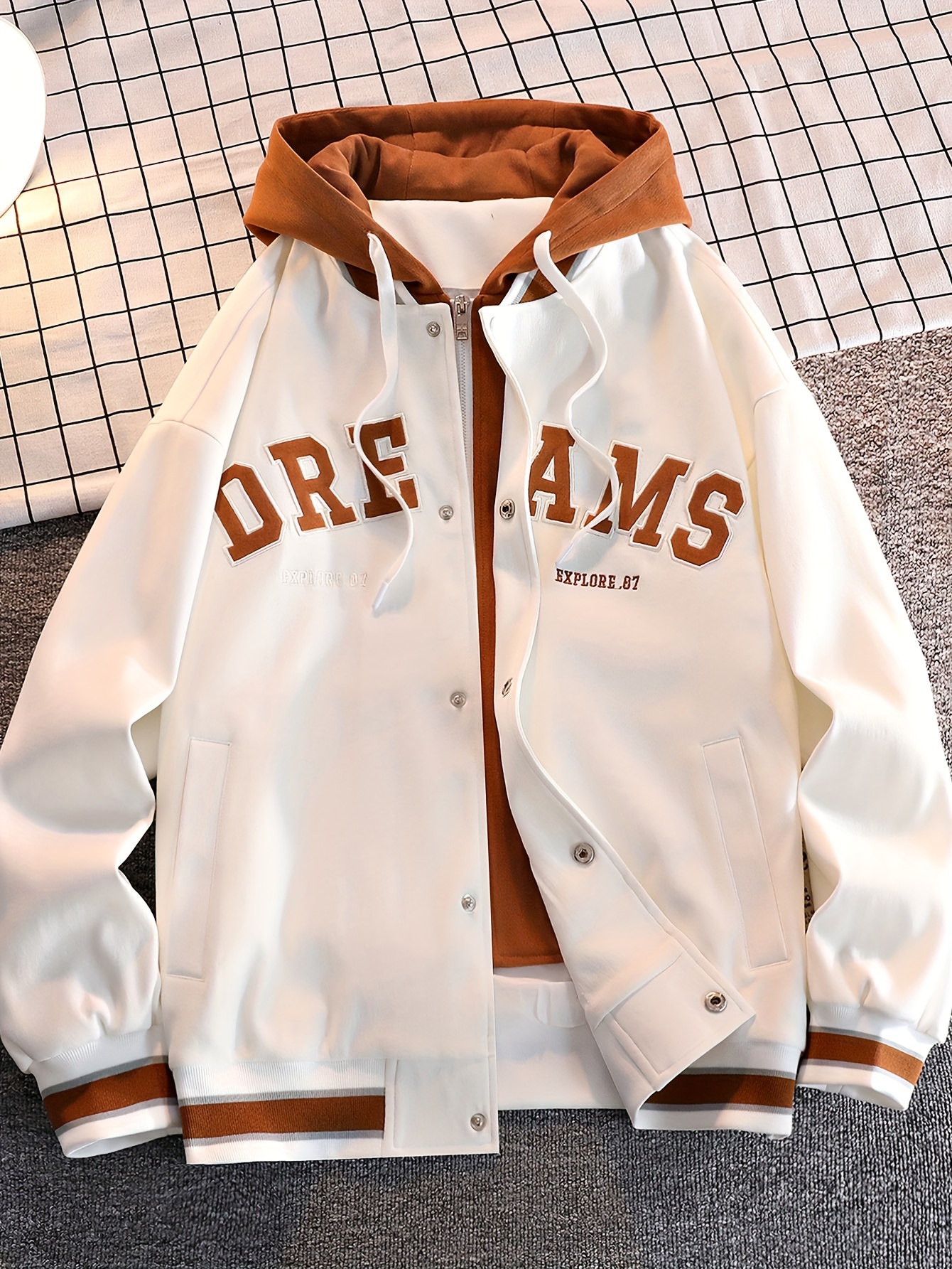 40d3b5342ef69bf031a89d0bf0aef2f2.jpg Men's Casual Letter Print Hooded Varsity Jacket, Chic Vintage Style Thin Bomber Jacket For Spring Fall - Image 1