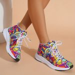 Women's Graffiti Print High-Top Lace-Up Sneakers, Reflective Safety Straps Detail Sneakers, Women's Footwear - Image 2