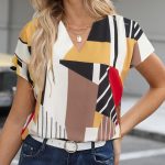 Color Block Graphic Print Blouse, Notched Neck Casual Short Sleeve Blouse, Women's Clothing - Image 8