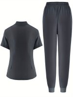 Solid Color Two-piece Scrub Set, Zip Front Short Sleeve Pockets Scrub Top & Drawstring Pants Outfits For Medical & Health Care, Women's Clothing - Image 10