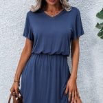 Solid Color V Neck Short Sleeve Casual Mini Dress