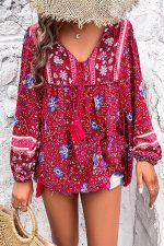 Bohemian Floral Print V Neck Casual Tops - Image 4
