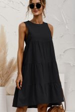 Round Neck Solid Ruched Sleeveless Mini Dress