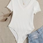 Solid V Neck Rib Knit Bodysuit, Casual Short Sleeve Basic Bodysuit, Women's Clothing - Image 2
