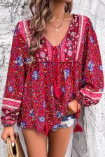 Bohemian Floral Print V Neck Casual Tops - Image 3