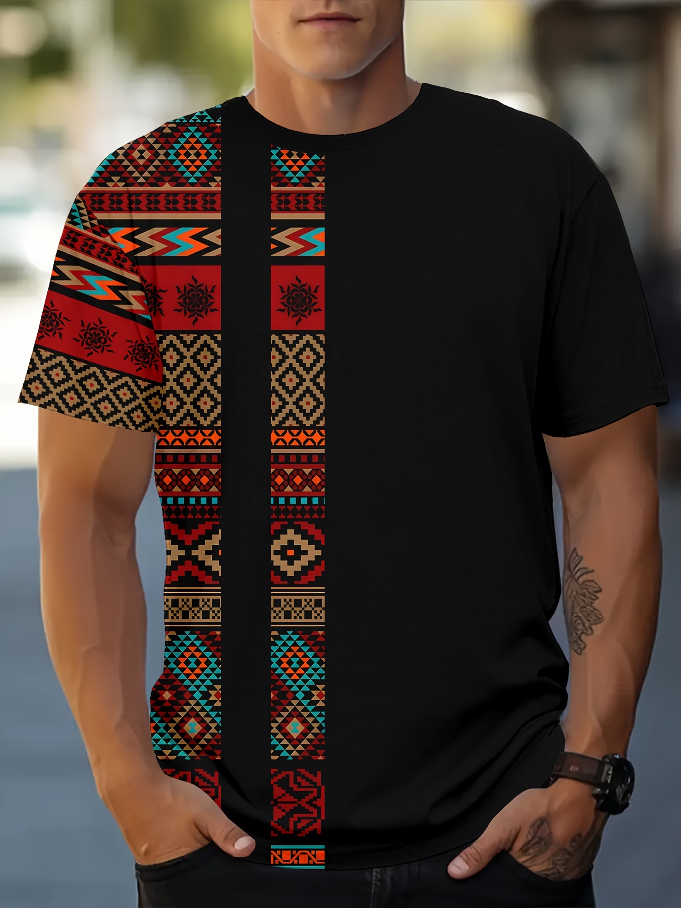 47dcac78-43d7-4c1f-83ef-4059c91dae45.jpg Men's Ethnic Graphic Print T-shirt, Casual Short Sleeve Crew Neck Tee, Men's Clothing For Summer Outdoor - Image 1
