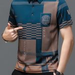 Men's Irregular Geometric Pattern And Alphabet Print Sports Shirt With Henley Neck, Lapel Collar And Short Sleeve, Casual And Chic Tee For Men, Tops Suitable For Summer Outdoors Activities - Image 2