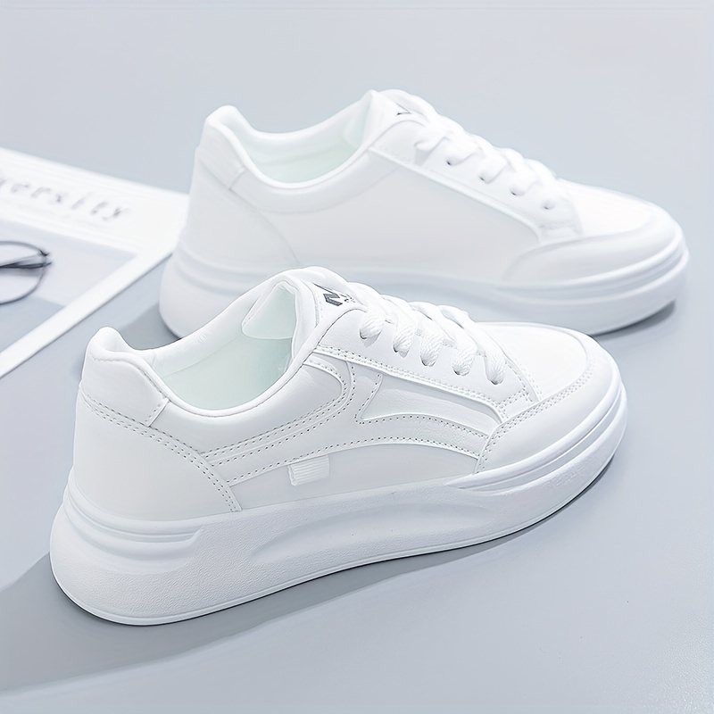 48be37c409fe272b283bfc54a6b5532d.jpg Women's Platform Skate Shoes, Versatile Height Increasing Lace Up Low Top Shoes, Outdoor Walking White Shoes - Image 1