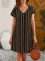 Striped V-neck Dress, Vacation Style Short Sleeve Shift Dress For Spring & Summer, Women's Clothing - Image 6