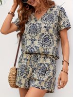 Elegant Ethnic Print Two Pieces, V Neck Short Sleeve Top & High Waist Shorts Outfits, Women's Clothing - Image 6