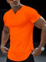 Solid Color Men's Comfy V-Neck Medium Stretch T-shirt, Men's Summer Clothes, Men's Outfits
