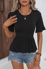 Solid Color Ruffle Sleeve Casual Tops - Image 3