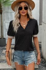 Solid Color Patchwork Short Sleeve Casual Tops - Image 3