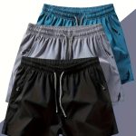 Men's Three-piece Set Of Solid Color Shorts With Drawstring And Pockets, Casual And Comfy Shorts For Summer Fitness And Outdoors Activities - Image 5