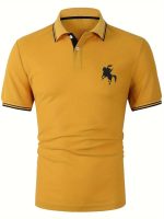 Men's Summer Fashion, Horse Riding Knight Pattern Short Sleeve Lapel Collar Henley Shirt, Chic And Trendy Golf Tops For Business And Outdoors Sports Wear - Image 6