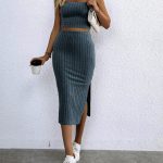 Ribbed Knit Two-piece Skirt Set, Crop Cami Top & Split Hem Skirt Outfits, Women's Clothing - Image 4
