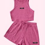 Ribbed Casual Two-piece Set, Crew Neck Sleeveless Tank Top & Drawstring Shorts Outfits, Women's Clothing - Image 3