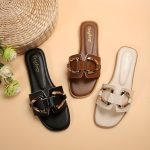 Women's Metallic Buckle Decor Slides, Fashionable Square Open Toe Summer Shoes, Casual Beach Flat Slides - Image 4