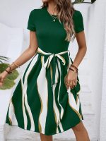 Striped Crew Neck Dress, Elegant Short Sleeve Belted A-line Dress For Spring & Summer, Women's Clothing - Image 6
